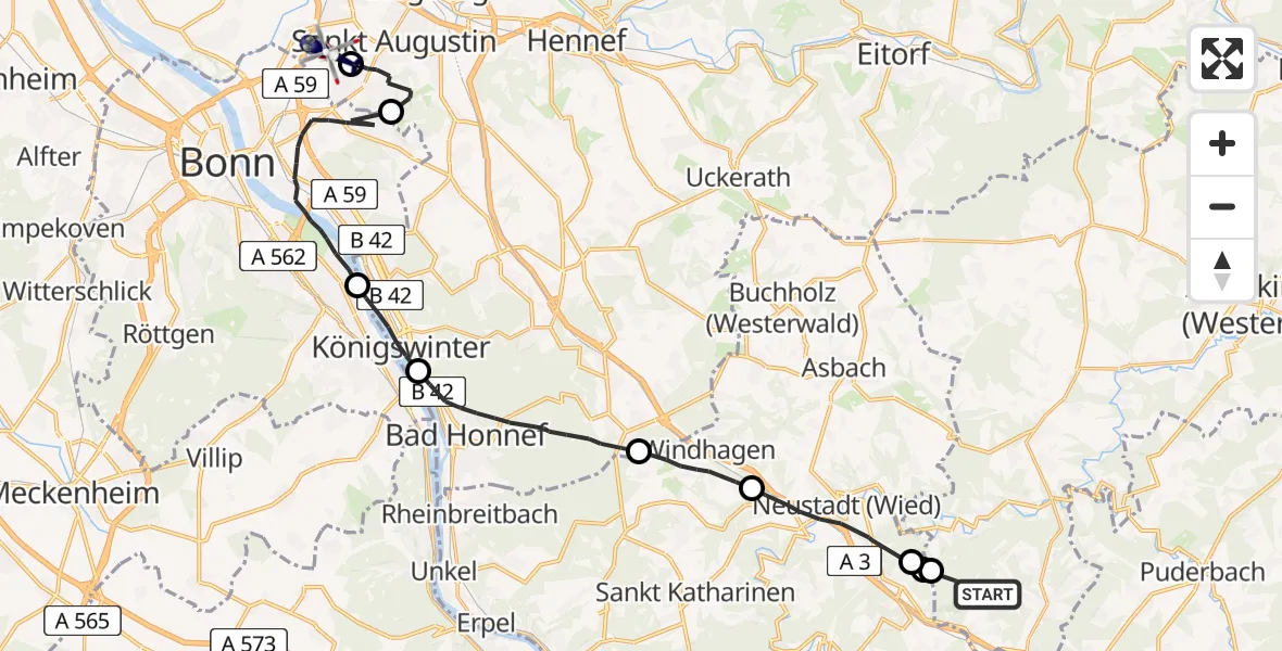 Flugroute Polizeihubschrauber Obersteinebach - Bonn-Hangelar Flugplatz, 15 Juni 2026, 13:21