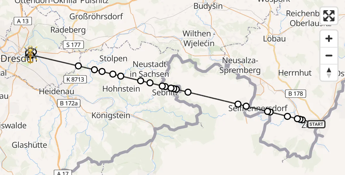 Flugroute Rettungshubschrauber Zittau - Dresden University Hospital, 15 Juni 2026, 13:25