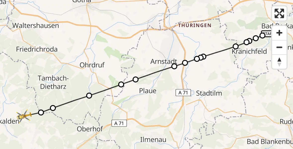 Flugroute Ambulanzhubschrauber Bad Berka - Schmalkalden, 15 Juni 2026, 13:35