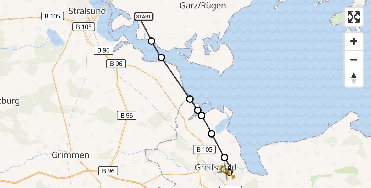 Flugroute Rettungshubschrauber Gustow - Greifswald Hospital, 15 Juni 2026, 13:39