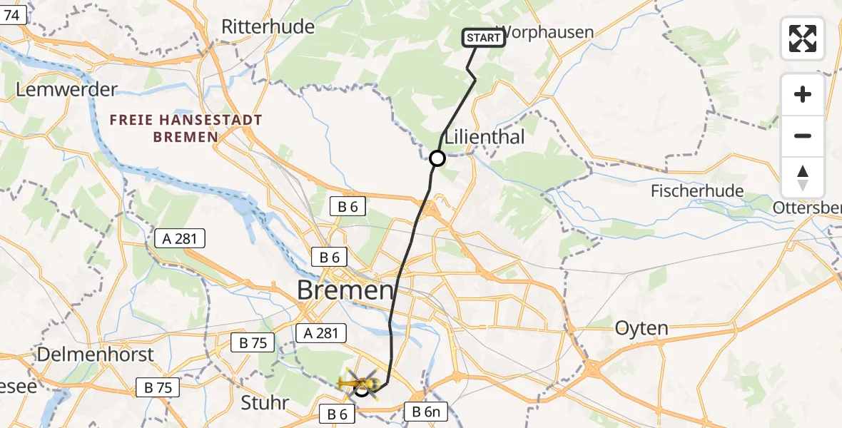 Flugroute Rettungshubschrauber Lilienthal - ADAC Air Rescue Station Bremen Hubschrauberlandeplatz (Christoph 6), 15 Juni 2026, 13:42