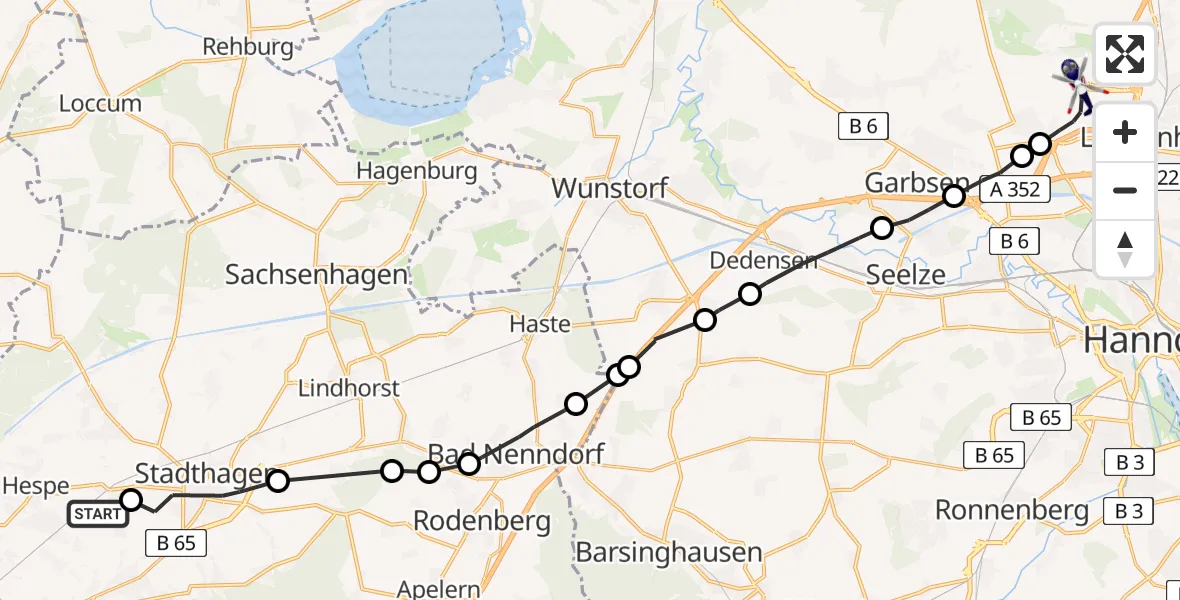 Flugroute Polizeihubschrauber Helpsen - Flughafen Hannover, 15 Juni 2026, 13:48