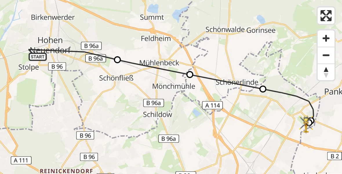 Flugroute Rettungshubschrauber Hohen Neuendorf - Helios Clinic Berlin-Buch, 15 Juni 2026, 13:50