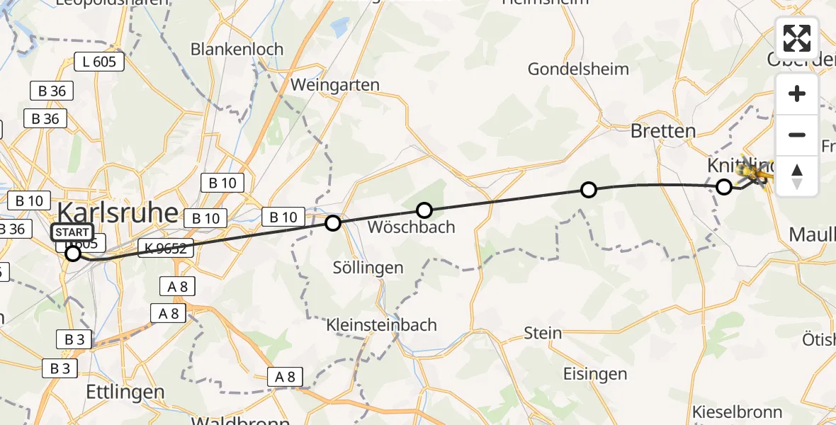 Flugroute Rettungshubschrauber Sankt Vincentius Hospital - Knittlingen, 15 Juni 2026, 13:51