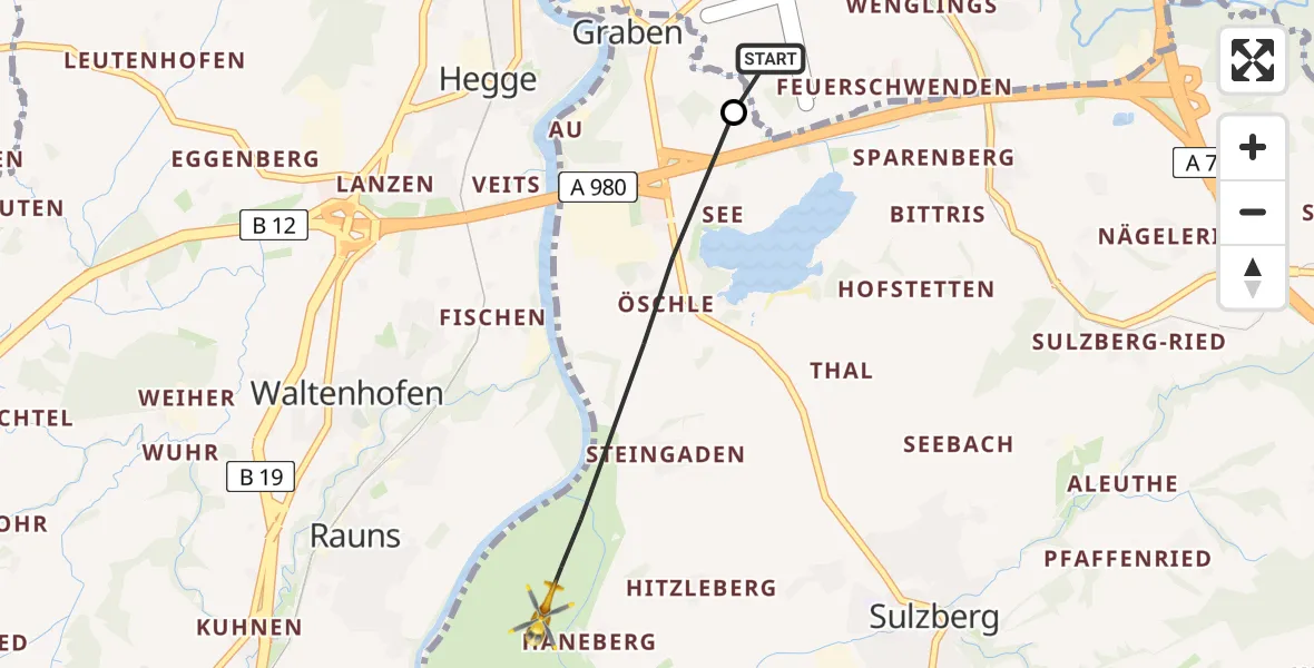 Flugroute Rettungshubschrauber Kempten-Durach Flugplatz - Sulzberg, 15 Juni 2026, 13:53