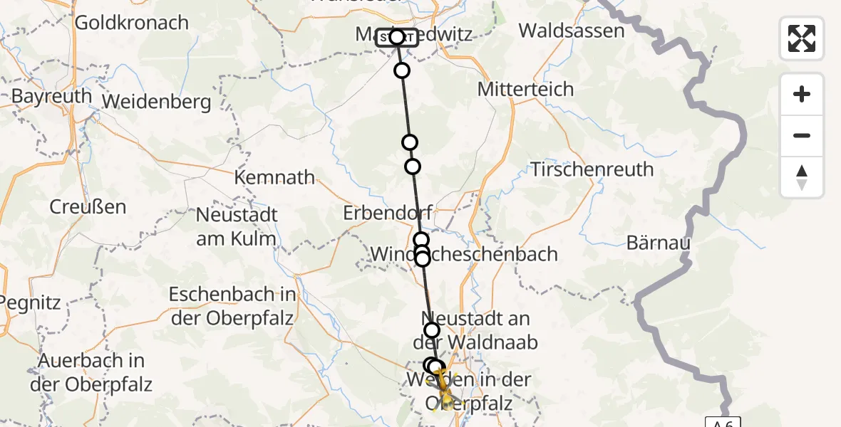 Flugroute Rettungshubschrauber Fichtelgebirge Hospital Marktredwitz - Weiden i.d.OPf., 15 Juni 2026, 13:53