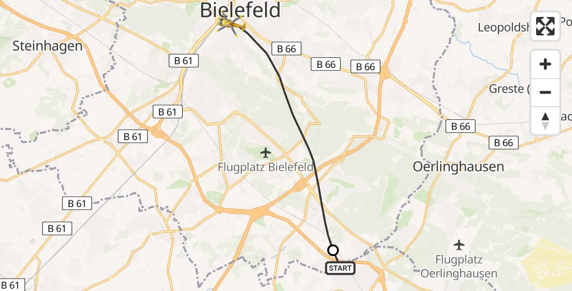 Flugroute Rettungshubschrauber Schloß Holte-Stukenbrock - Bielefeld, 15 Juni 2026, 13:54