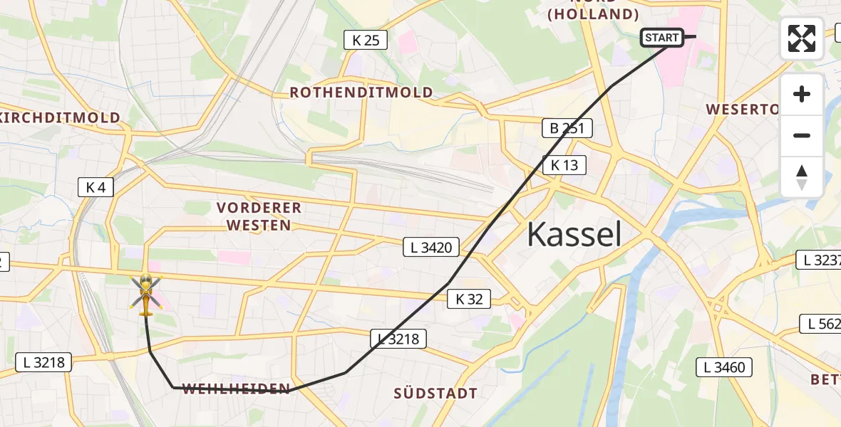 Flugroute Rettungshubschrauber Kassel - Kassel, 15 Juni 2026, 13:54