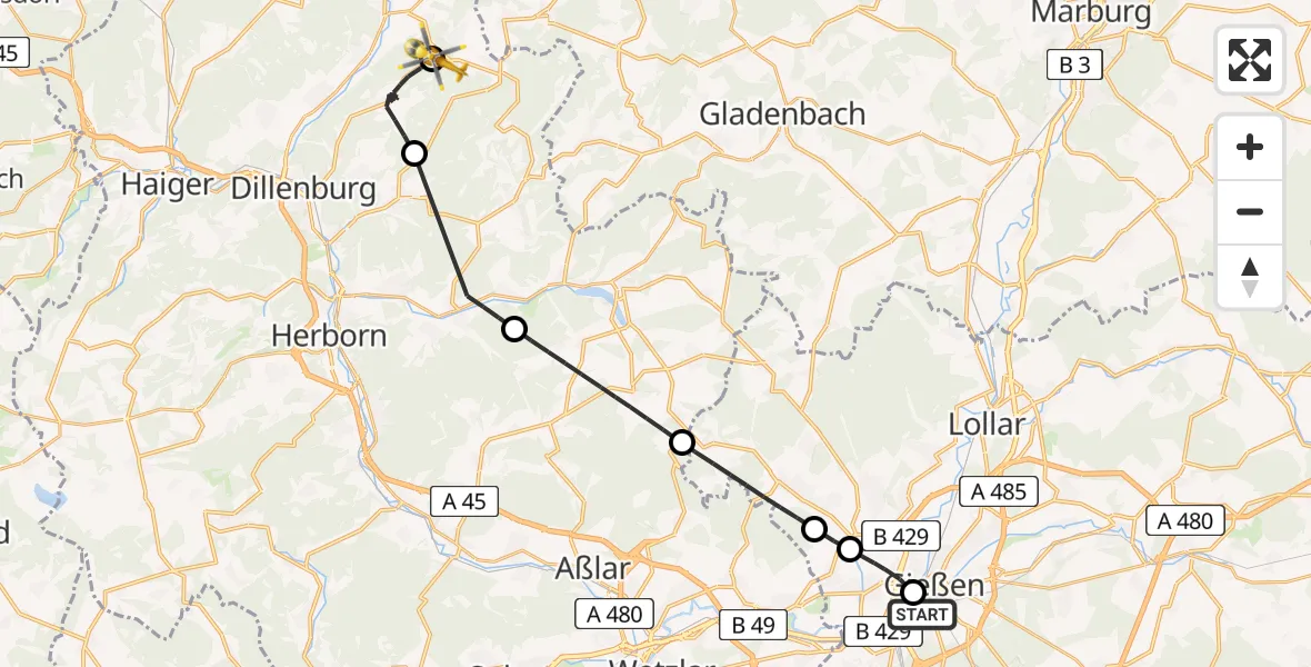 Flugroute Ambulanzhubschrauber Gießen University Hospital - Eschenburg, 15 Juni 2026, 13:55