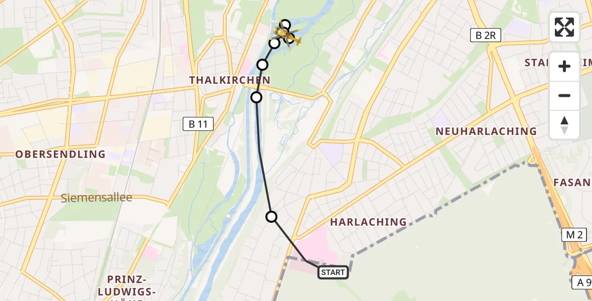 Flugroute Rettungshubschrauber ADAC Air Rescue Center Hubschrauberlandeplatz (Christoph 1) - München, 15 Juni 2026, 14:00