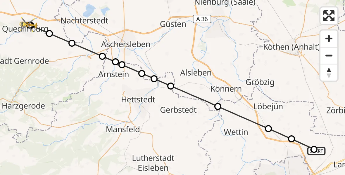 Flugroute Rettungshubschrauber Halle-Oppin Flugplatz - Harz Hospital Quedlinburg, 15 Juni 2026, 14:03