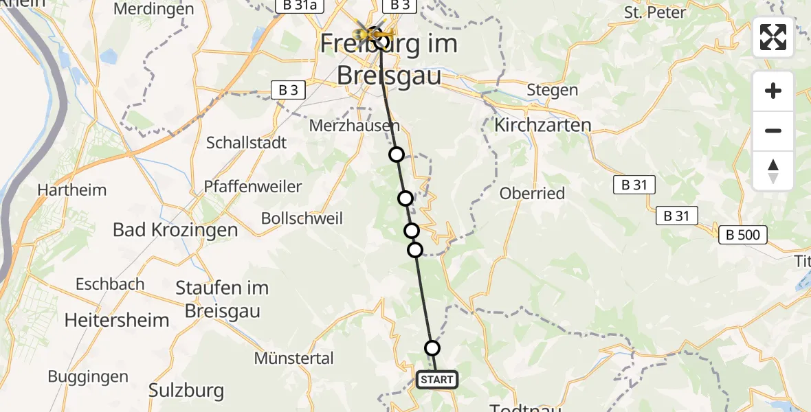 Flugroute Ambulanzhubschrauber Wieden - Freiburg University Hospital Heliport 1, 15 Juni 2026, 14:08