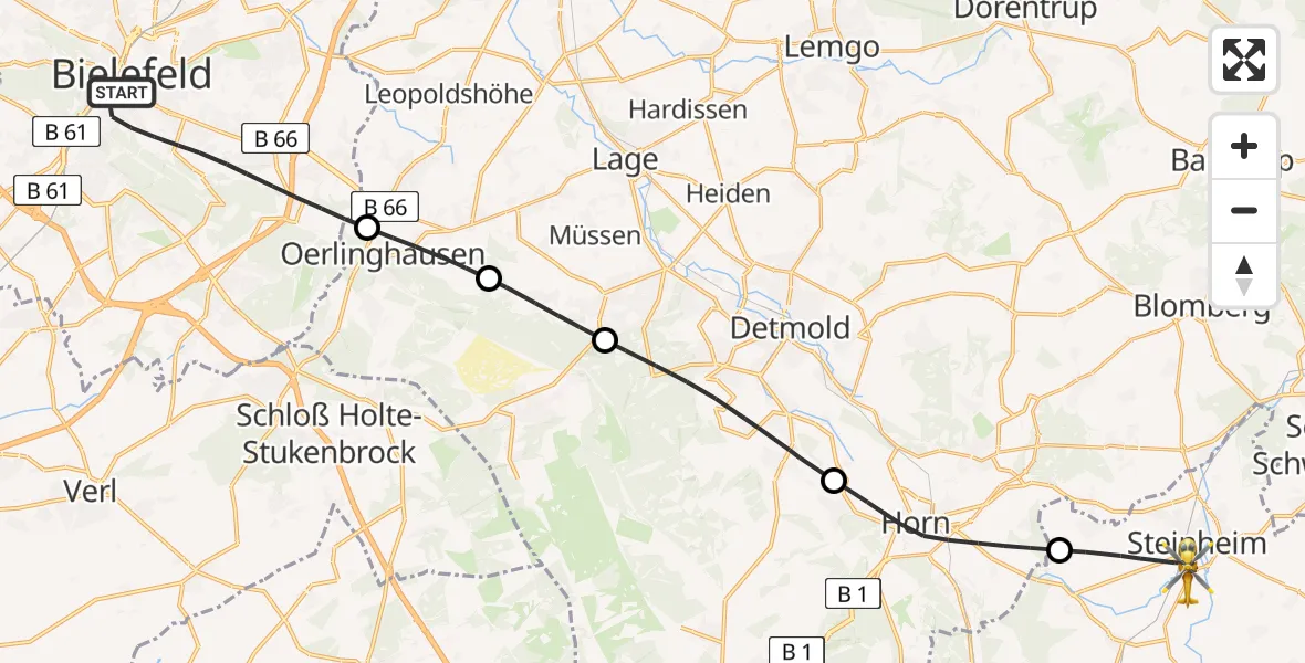 Flugroute Rettungshubschrauber Bielefeld - Steinheim, 15 Juni 2026, 14:15