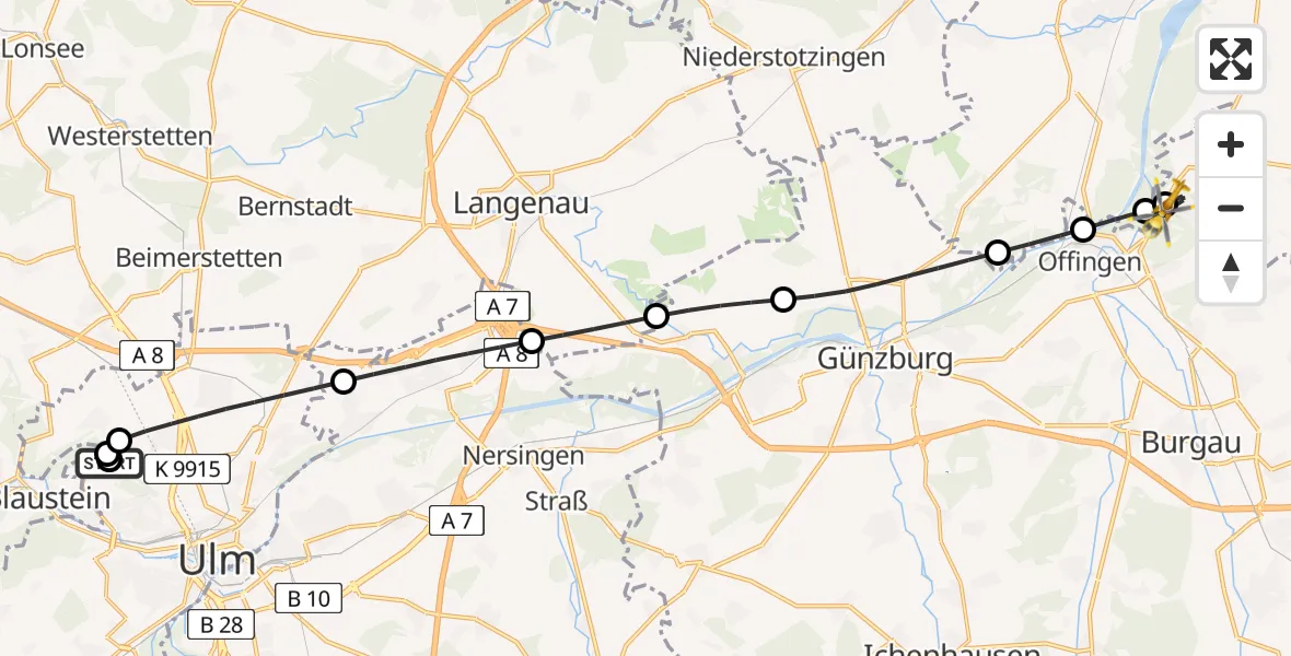 Flugroute Rettungshubschrauber Ulm Military Hospital Emergency - Gundremmingen, 15 Juni 2026, 14:18