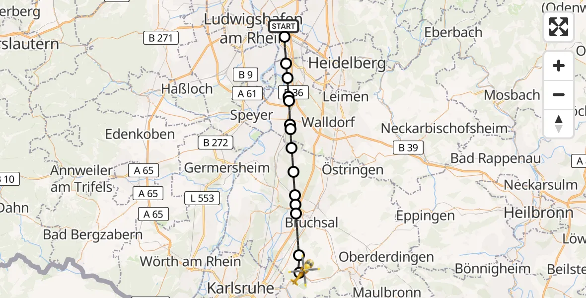 Flugroute Rettungshubschrauber Mannheim-City Flughafen - Walzbachtal, 15 Juni 2026, 14:18
