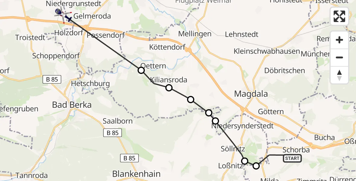 Flugroute Polizeihubschrauber Bucha - Grammetal, 15 Juni 2026, 14:20