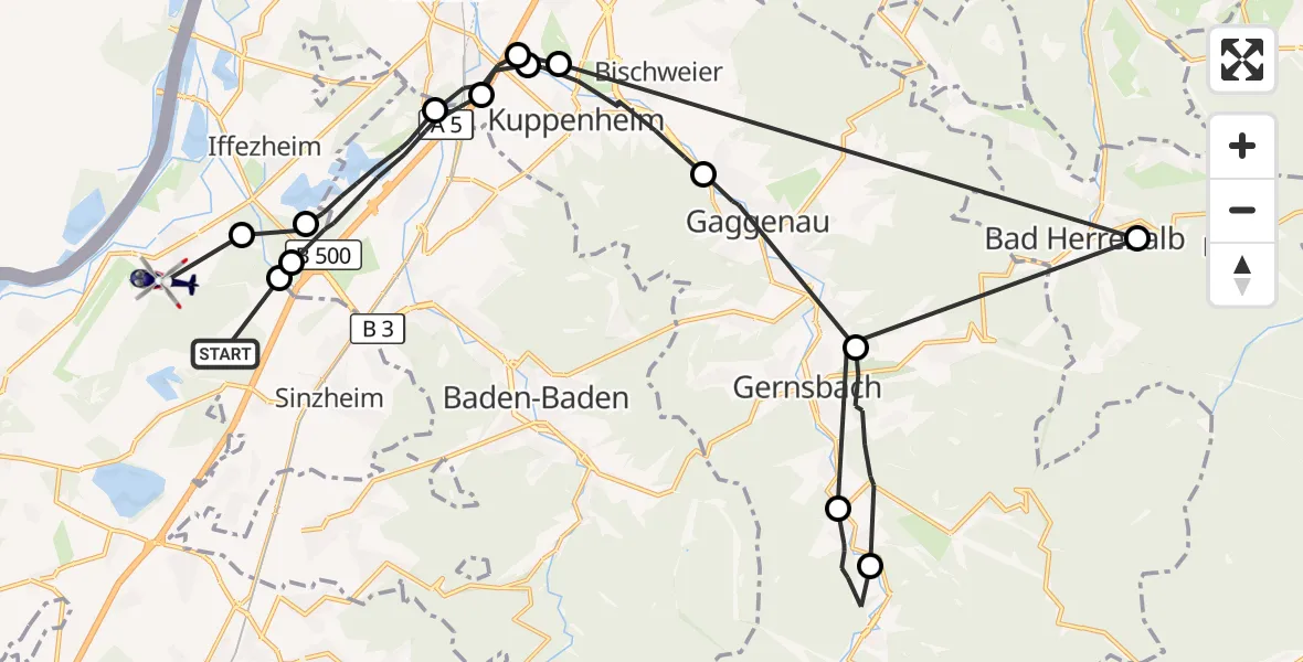 Flugroute Polizeihubschrauber Sinzheim - Hügelsheim, 15 Juni 2026, 14:25