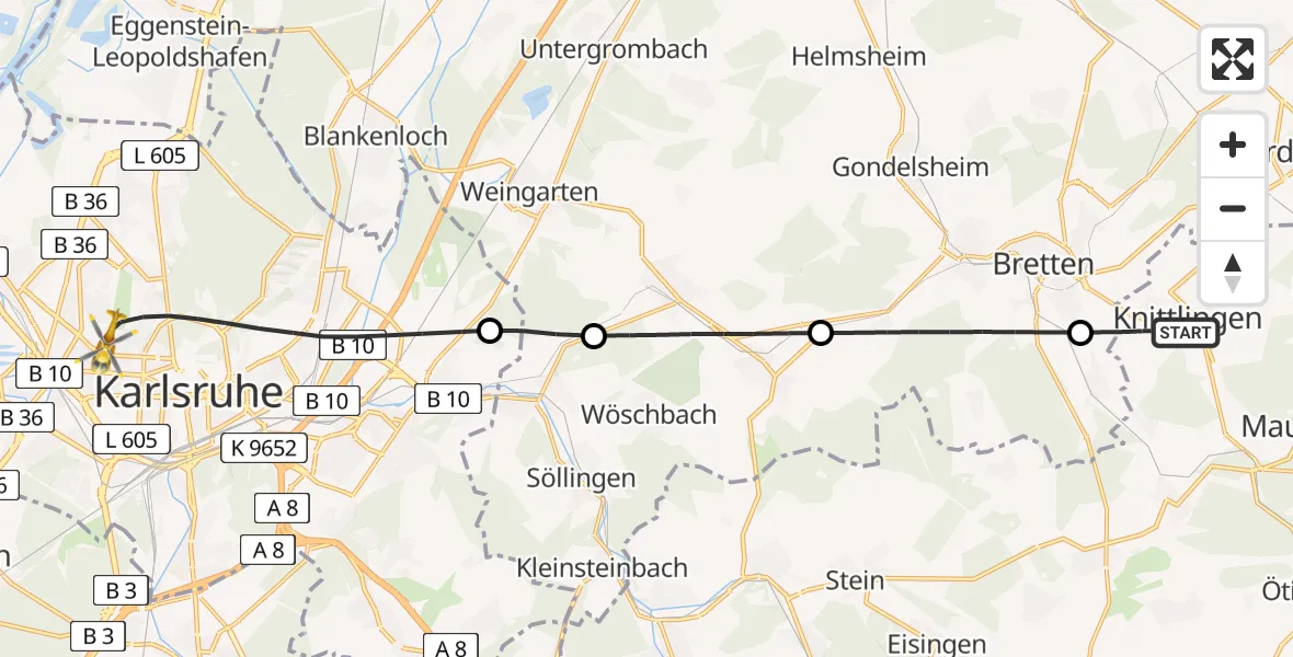 Flugroute Rettungshubschrauber Knittlingen - Karlsruhe, 15 Juni 2026, 14:29