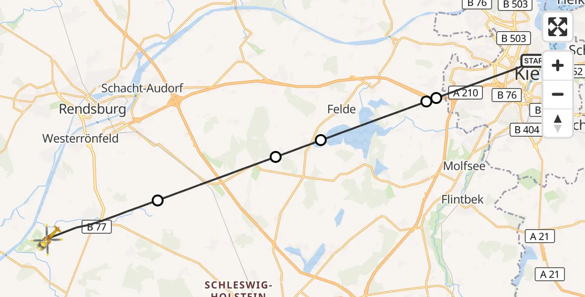 Flugroute Ambulanzhubschrauber Kiel - Hörsten, 15 Juni 2026, 14:32