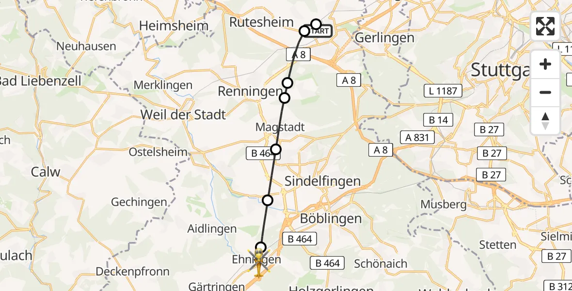 Flugroute Rettungshubschrauber Leonberg Hospital - Ehningen, 15 Juni 2026, 14:33