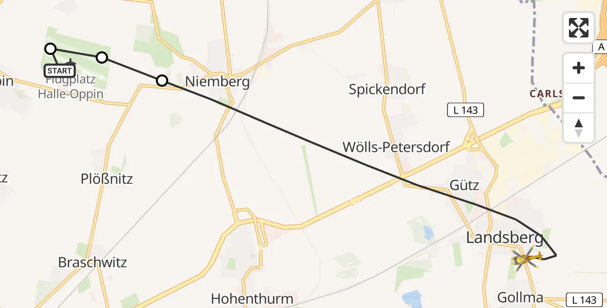 Flugroute Rettungshubschrauber Halle-Oppin Flugplatz - Landsberg, 15 Juni 2026, 14:35