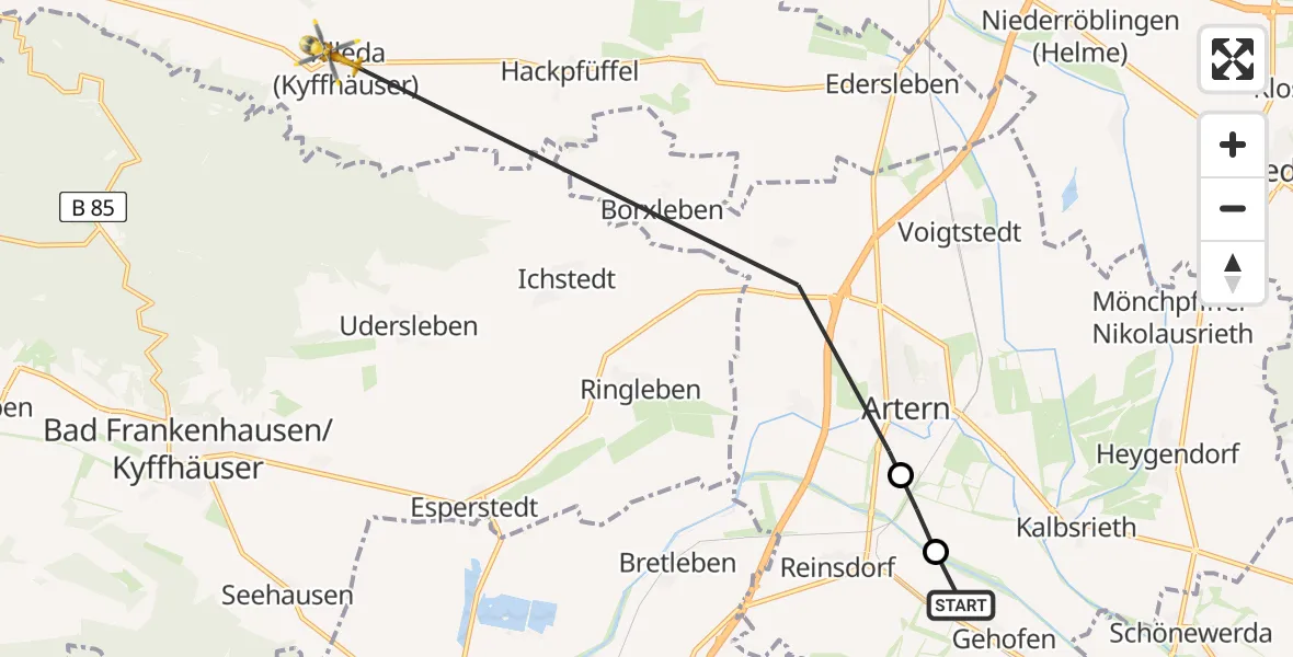 Flugroute Rettungshubschrauber Gehofen - Kelbra (Kyffhäuser), 15 Juni 2026, 14:41