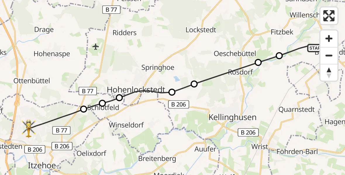 Flugroute Rettungshubschrauber Brokstedt - Itzehoe, 15 Juni 2026, 14:44