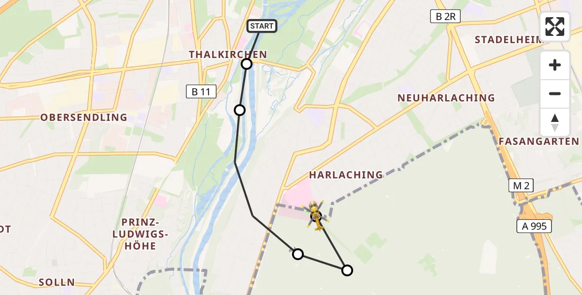 Flugroute Rettungshubschrauber München South Surgical Hospital - ADAC Air Rescue Center Hubschrauberlandeplatz (Christoph 1), 15 Juni 2026, 14:44