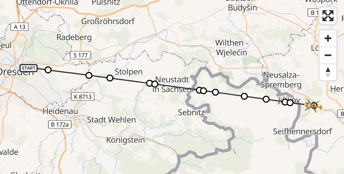 Flugroute Rettungshubschrauber Dresden University Hospital - Kottmar, 15 Juni 2026, 14:44