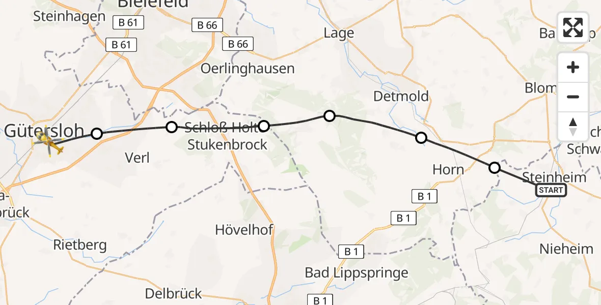 Flugroute Rettungshubschrauber Steinheim - Gütersloh, 15 Juni 2026, 14:45
