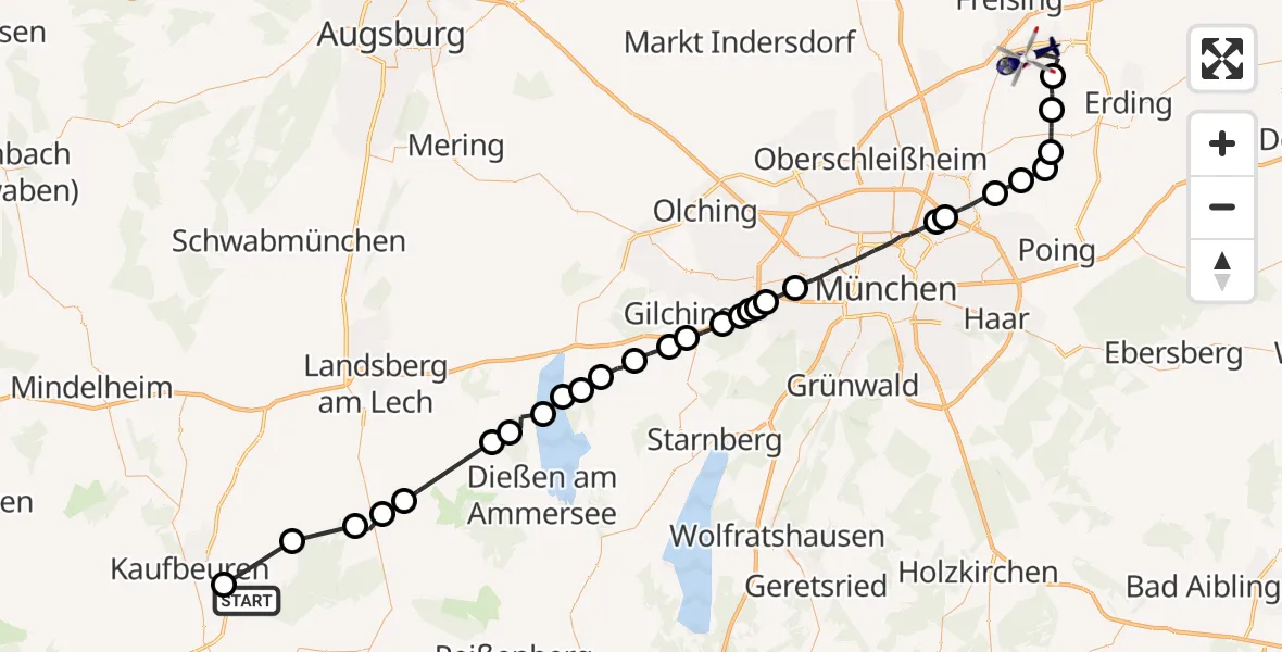 Flugroute Polizeihubschrauber Stöttwang - München Flughafen, 15 Juni 2026, 14:45