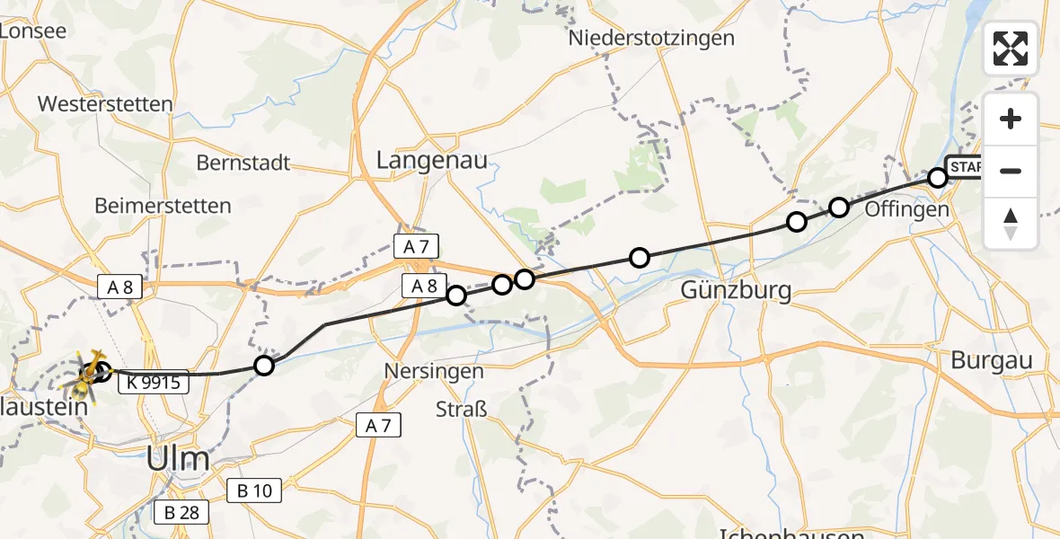 Flugroute Rettungshubschrauber Gundremmingen - Ulm Military Hospital Emergency, 15 Juni 2026, 15:09