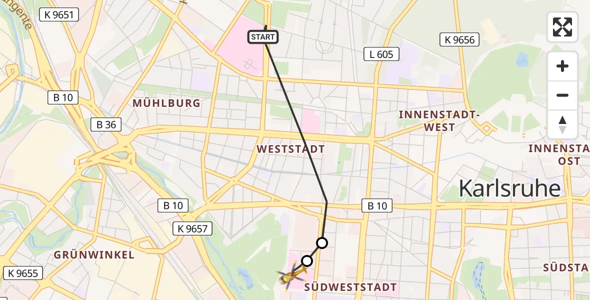 Flugroute Rettungshubschrauber Karlsruhe - Sankt Vincentius Hospital, 15 Juni 2026, 15:12