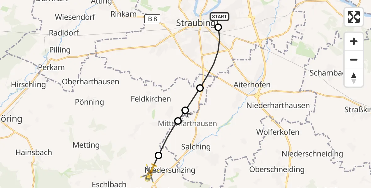 Flugroute Rettungshubschrauber Sankt Elisabeth Hospital Straubing - Leiblfing, 15 Juni 2026, 15:16