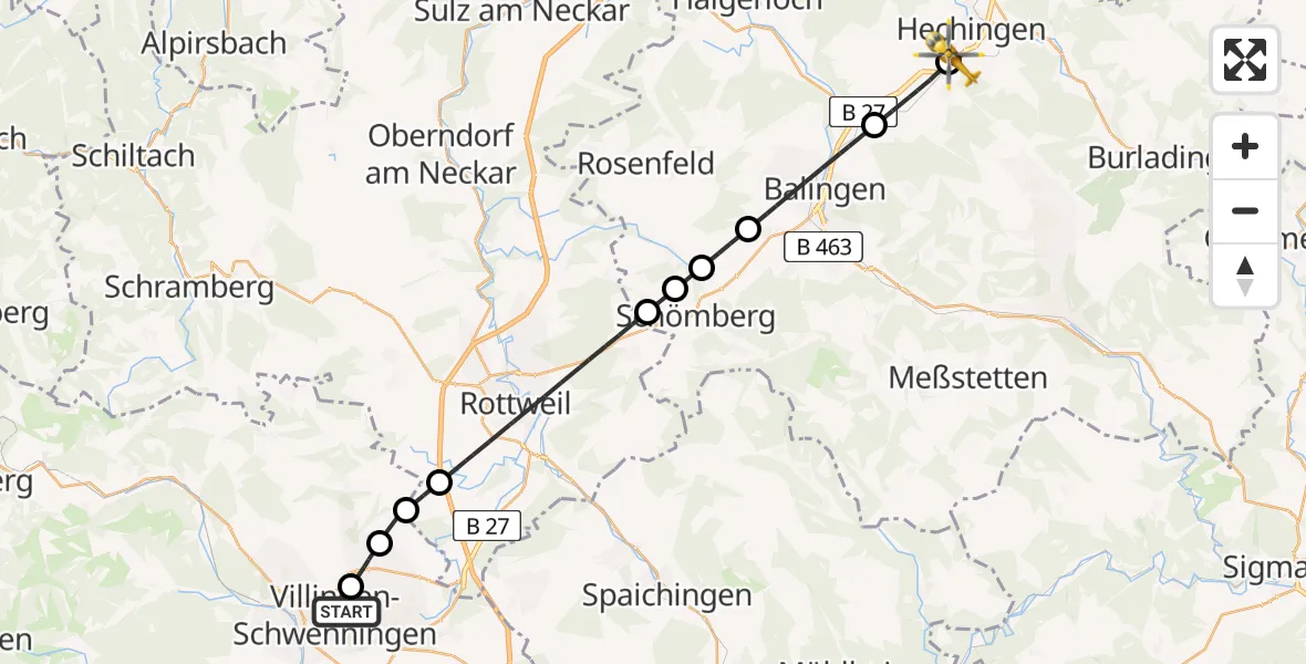 Flugroute Ambulanzhubschrauber DRF Air Rescue Station Villingen-Schwenningen Hubschrauberlandeplatz (Christoph 11) - Hechingen, 15 Juni 2026, 15:16