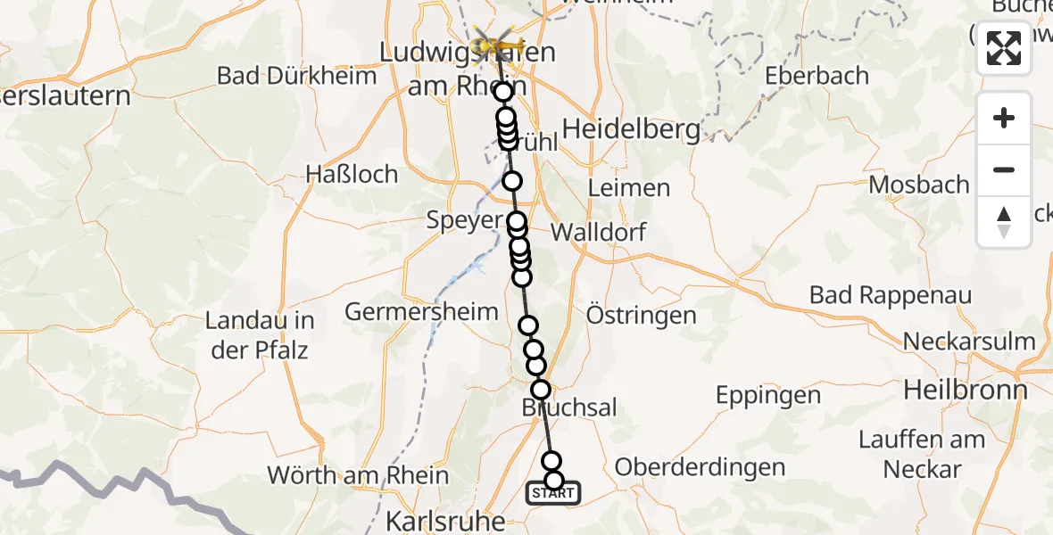Flugroute Rettungshubschrauber Walzbachtal - Mannheim, 15 Juni 2026, 15:17