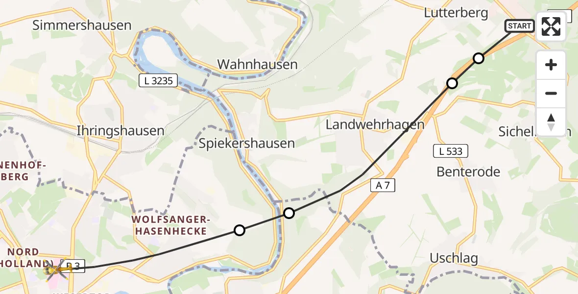 Flugroute Rettungshubschrauber Staufenberg - Kassel, 15 Juni 2026, 15:19