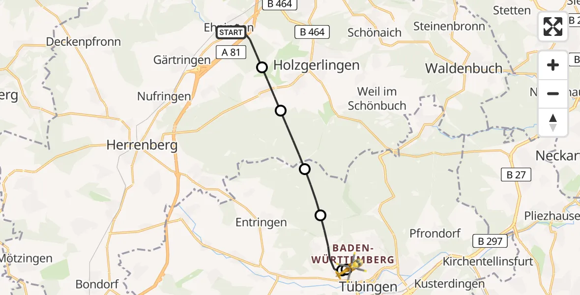 Flugroute Rettungshubschrauber Ehningen - Tübingen University Hospital, 15 Juni 2026, 15:20