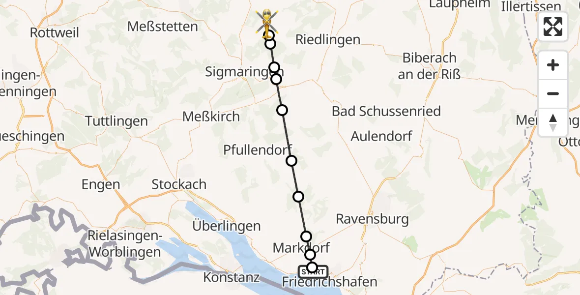 Flugroute Rettungshubschrauber Friedrichshafen Hospital - Hettingen, 15 Juni 2026, 15:22