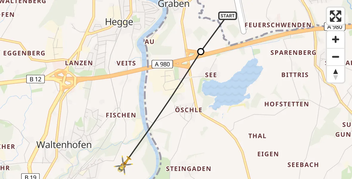 Flugroute Rettungshubschrauber Kempten-Durach Flugplatz - Waltenhofen, 15 Juni 2026, 15:28