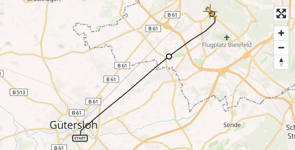 Flugroute Rettungshubschrauber Gütersloh - Luftrettungszentrum Bielefeld, 15 Juni 2026, 15:29