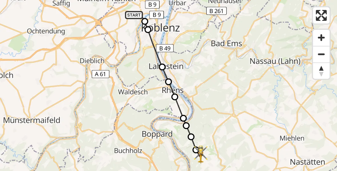 Flugroute Rettungshubschrauber Koblenz - Lykershausen, 15 Juni 2026, 15:33