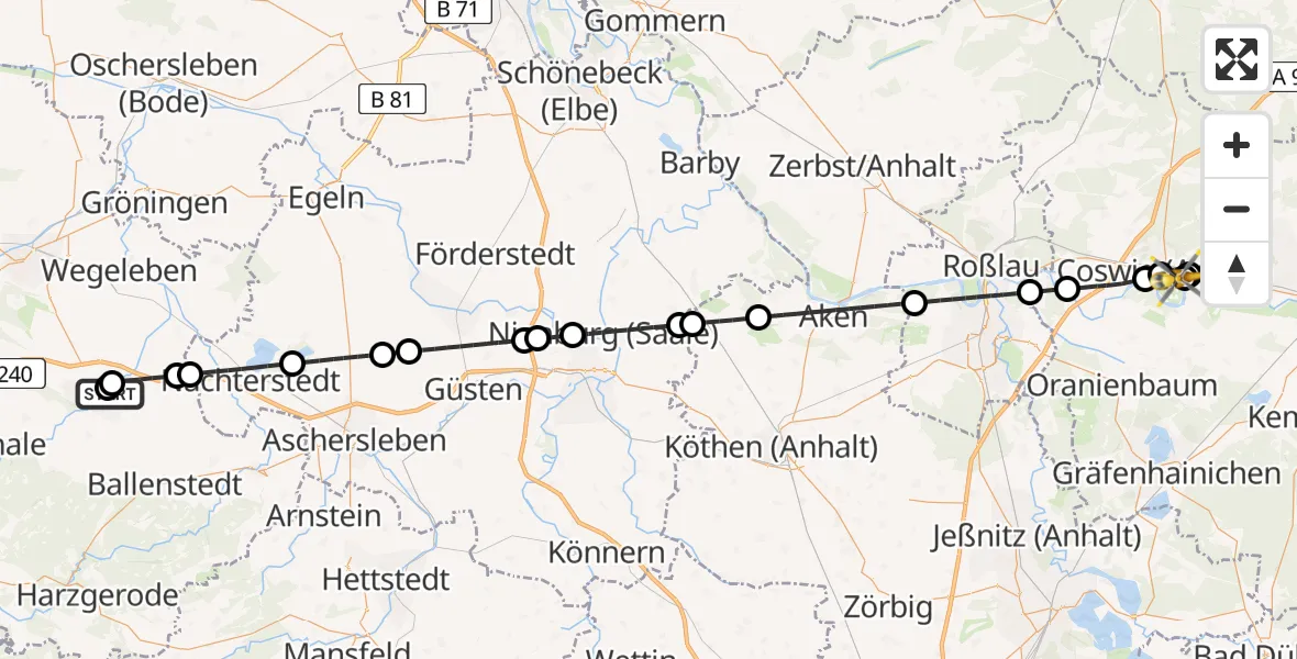 Flugroute Rettungshubschrauber Harz Hospital Quedlinburg - MediClin Heart Center Coswig Hubschrauberlandeplatz, 15 Juni 2026, 15:35