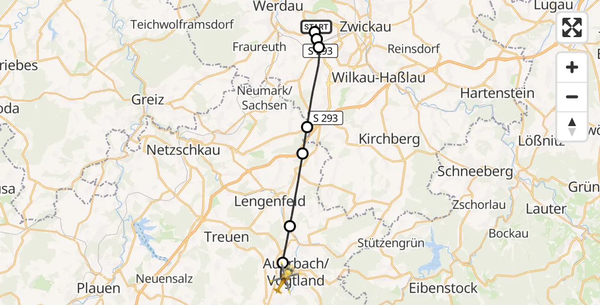 Flugroute Rettungshubschrauber ADAC Air Rescue Station Zwickau Hubschrauberlandeplatz - Auerbach/Vogtl., 15 Juni 2026, 15:37