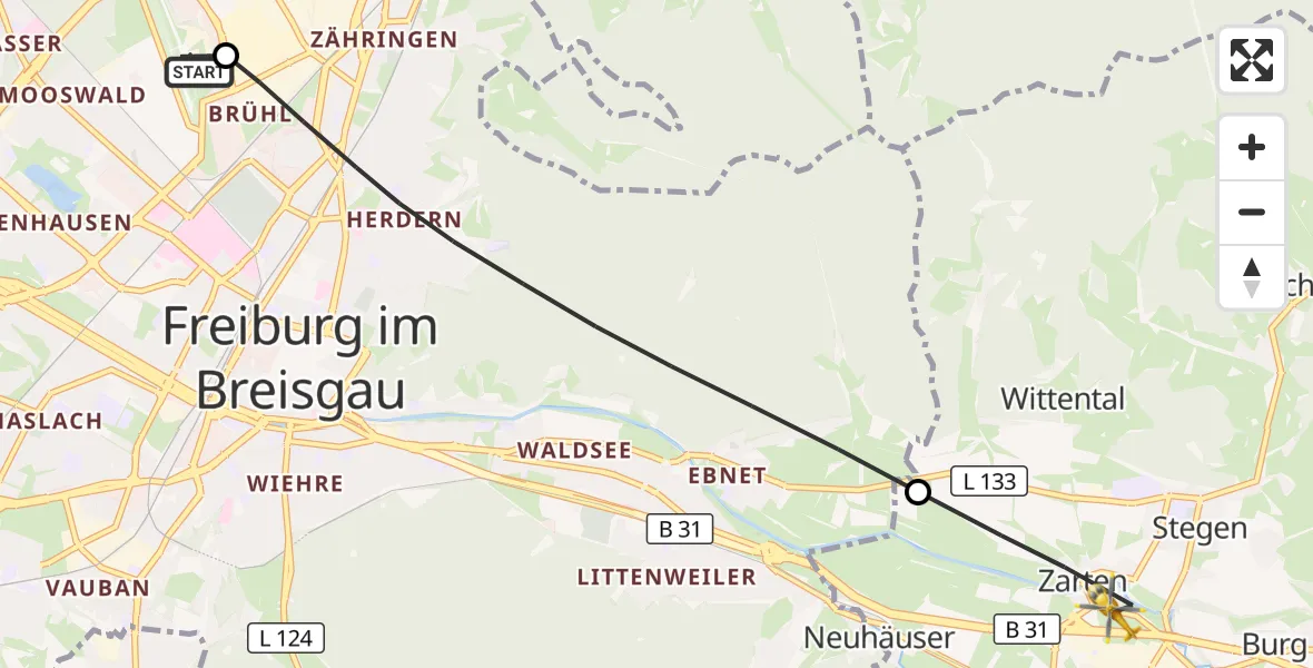 Flugroute Ambulanzhubschrauber Freiburg im Breisgau Flugplatz - Kirchzarten, 15 Juni 2026, 15:38