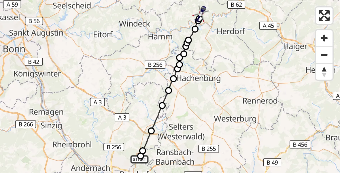 Flugroute Polizeihubschrauber Bendorf - Betzdorf-Kirchen Flugplatz, 15 Juni 2026, 15:39
