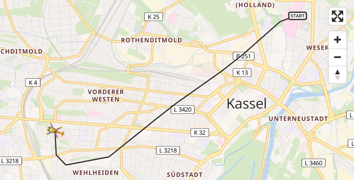 Flugroute Rettungshubschrauber Kassel - Kassel, 15 Juni 2026, 15:43