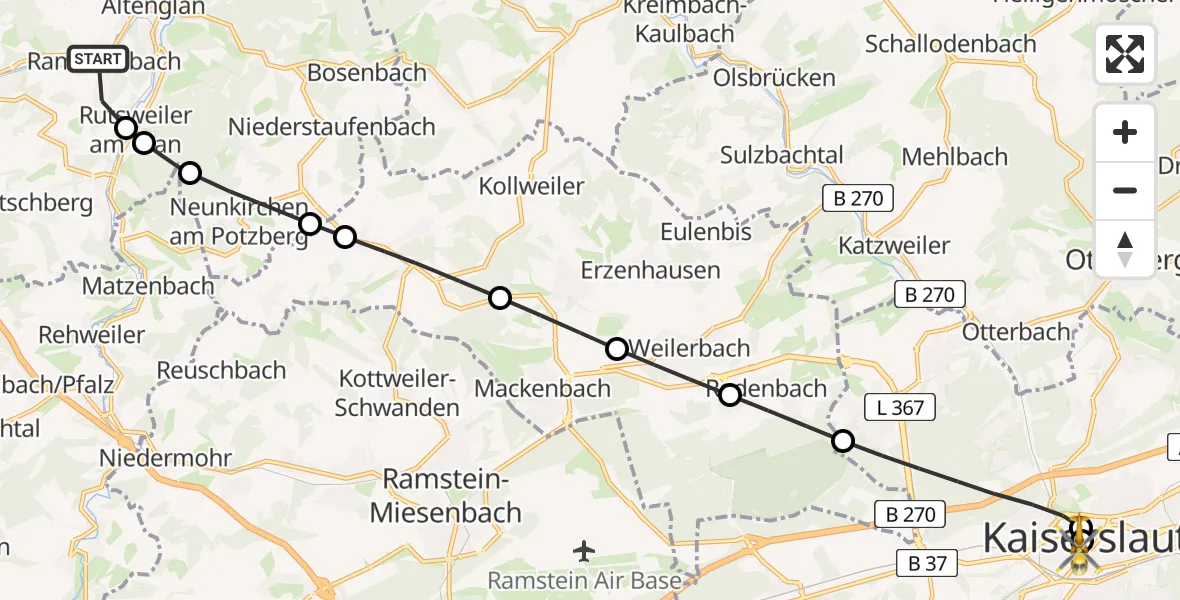 Flugroute Rettungshubschrauber Rammelsbach - Westpfalz Hospital Kaiserslautern, 15 Juni 2026, 15:44