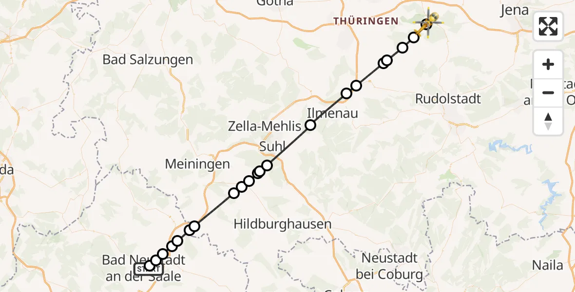 Flugroute Ambulanzhubschrauber Bad Neustadt an der Saale Hospital - DRF Rettungsstation Bad Berka Hubschrauberlandeplatz, 15 Juni 2026, 15:45