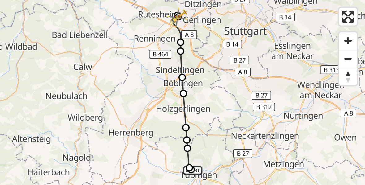 Flugroute Rettungshubschrauber Tübingen University Hospital - Leonberg Hospital, 15 Juni 2026, 15:51
